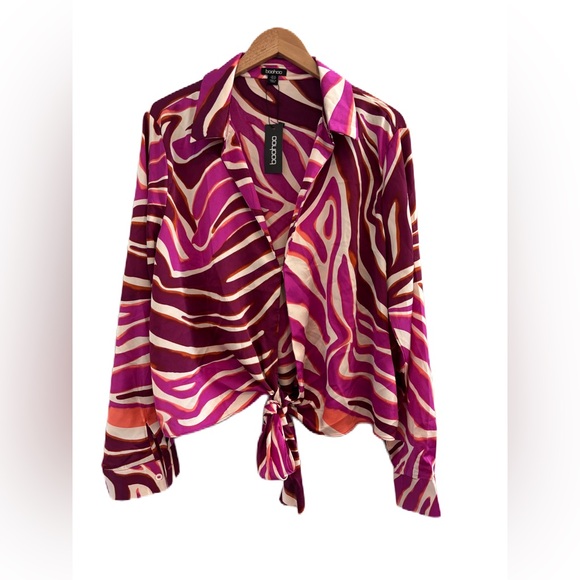 Boohoo Ladies Abstract Print Long Sleeve Tie Detail Cropped Shirt Size 14 - Picture 3 of 9